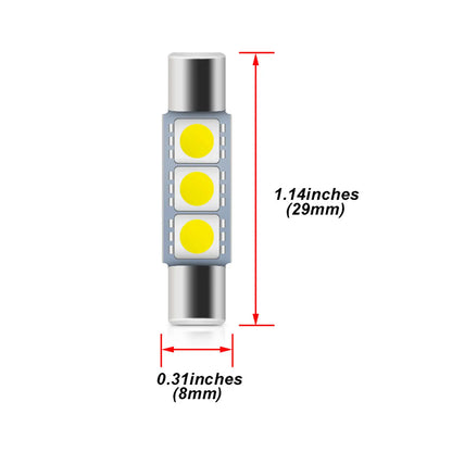Single cylindrical LED fuse bulb with metallic ends and three yellow light chips on a white board, labeled dimensions 1.14 inches length, 031 inches diameter.