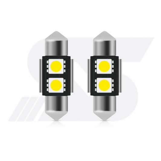 Two cylindrical festoon-style LED car bulbs with metallic pointed ends, each featuring two yellow LED chips arranged in a square grid on a black circuit board.