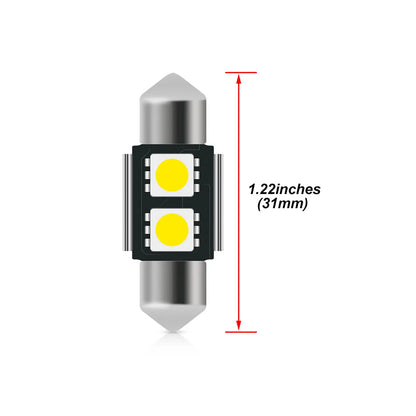 Single cylindrical LED fuse bulb with metallic ends and two yellow light chips on a balck board, labeled dimensions 1.22 inches length.