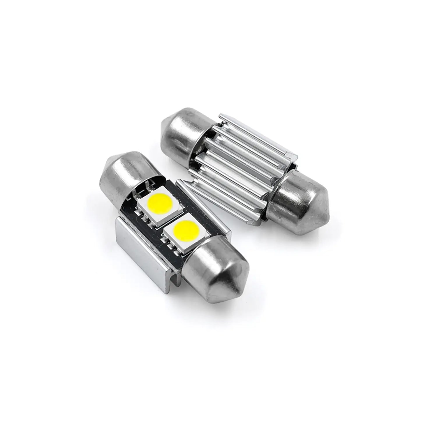 Two cylindrical LED fuse bulbs with metallic ends, shown front and back; one side displays dual yellow LED chips, the other side a small resistor component.
