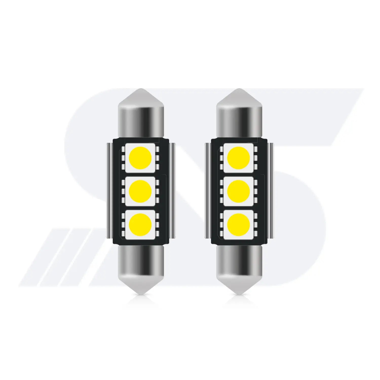 Two cylindrical festoon-style LED car bulbs with metallic pointed ends, each featuring three yellow LED chips arranged in a square grid on a black circuit board.