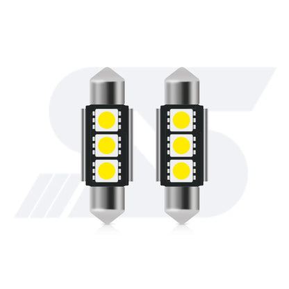 Two cylindrical festoon-style LED car bulbs with metallic pointed ends, each featuring three yellow LED chips arranged in a square grid on a black circuit board.