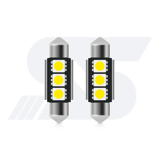 Two cylindrical festoon-style LED car bulbs with metallic pointed ends, each featuring three yellow LED chips arranged in a square grid on a black circuit board.