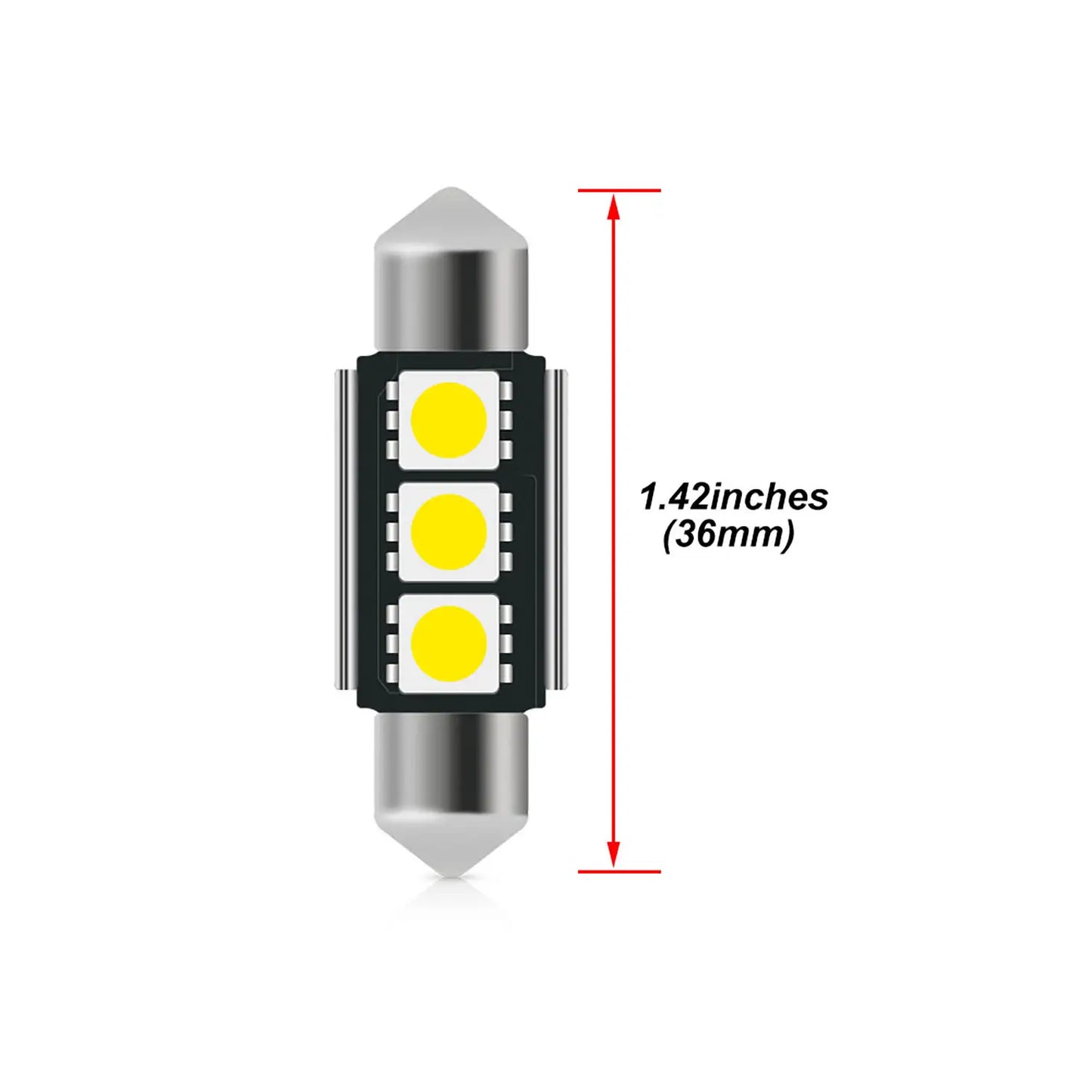 Single cylindrical LED fuse bulb with metallic ends and three yellow light chips on a balck board, labeled dimensions 1.42 inches length.