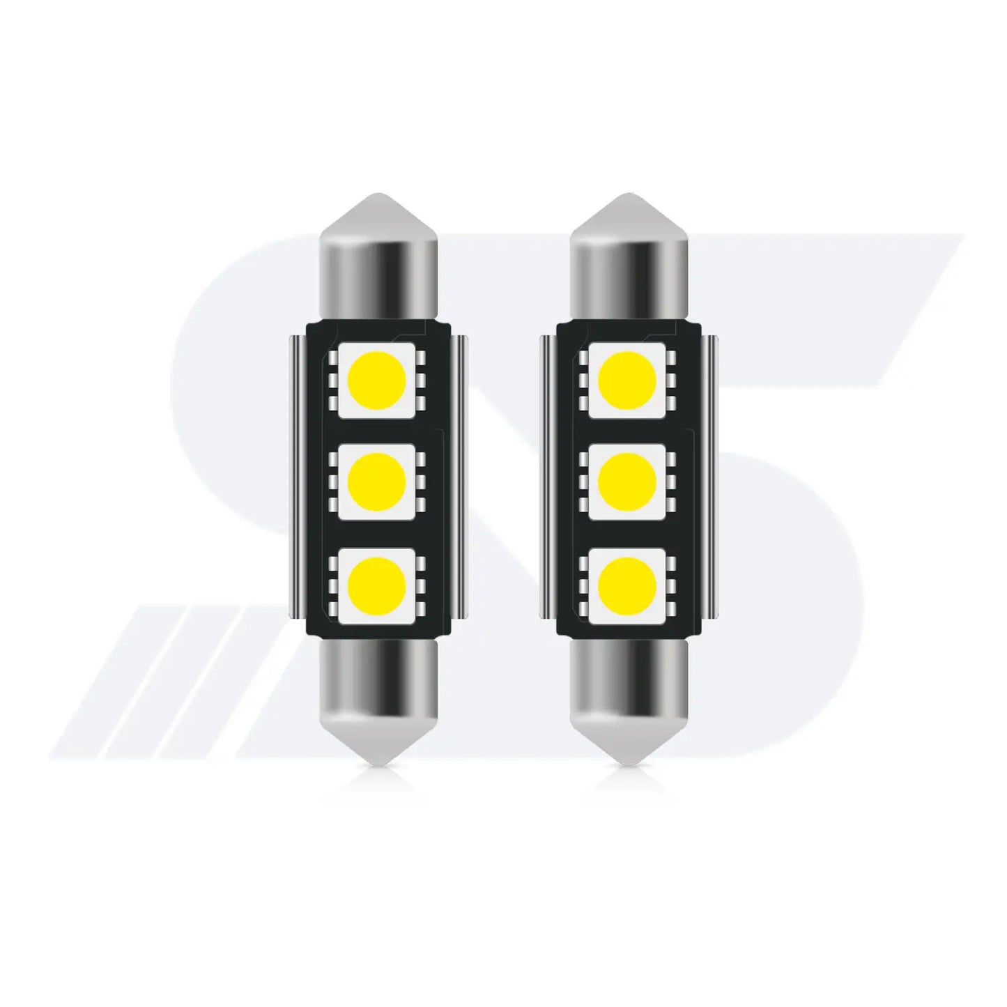 Two cylindrical festoon-style LED car bulbs with metallic pointed ends, each featuring three yellow LED chips arranged in a square grid on a black circuit board.