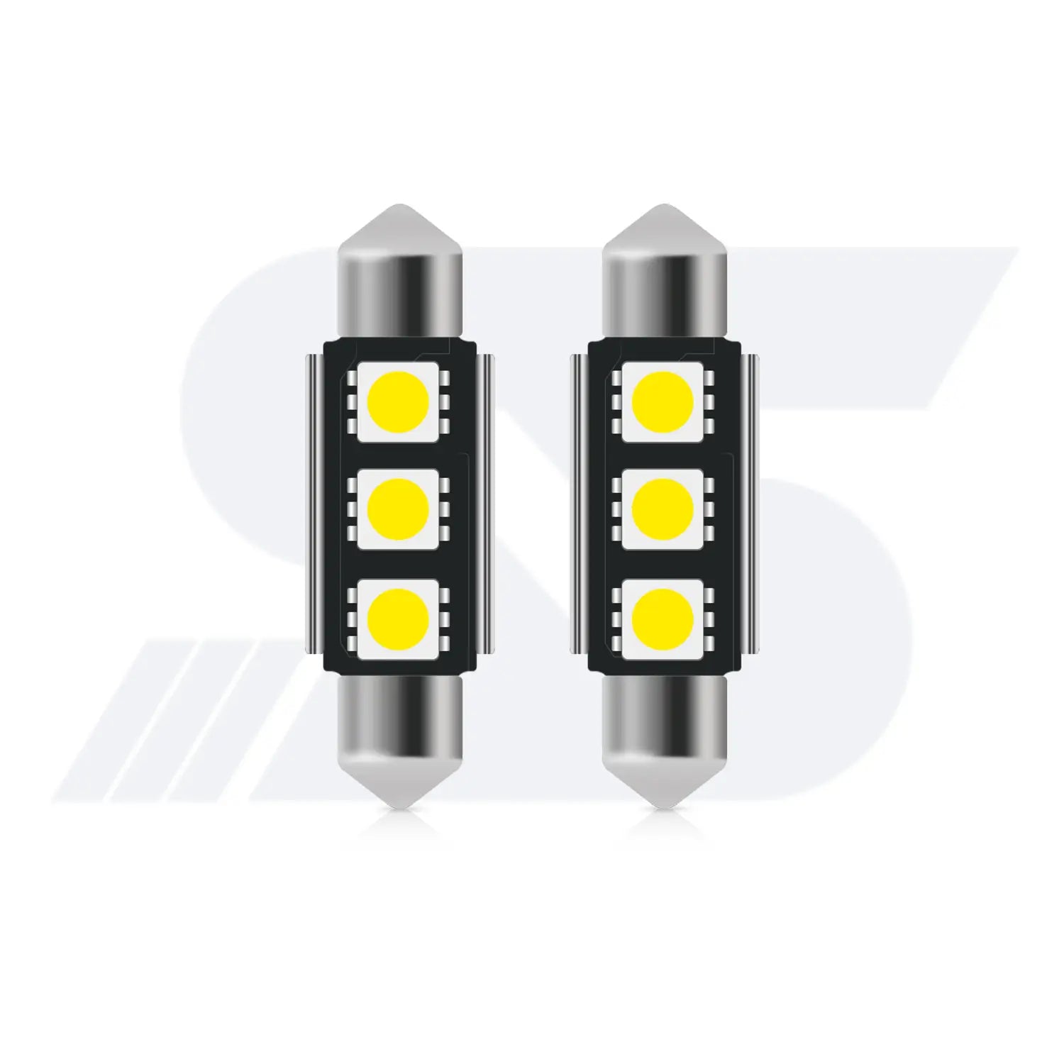 Two cylindrical festoon-style LED car bulbs with metallic pointed ends, each featuring three yellow LED chips arranged in a square grid on a black circuit board.