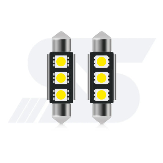 Two cylindrical festoon-style LED car bulbs with metallic pointed ends, each featuring three yellow LED chips arranged in a square grid on a black circuit board.