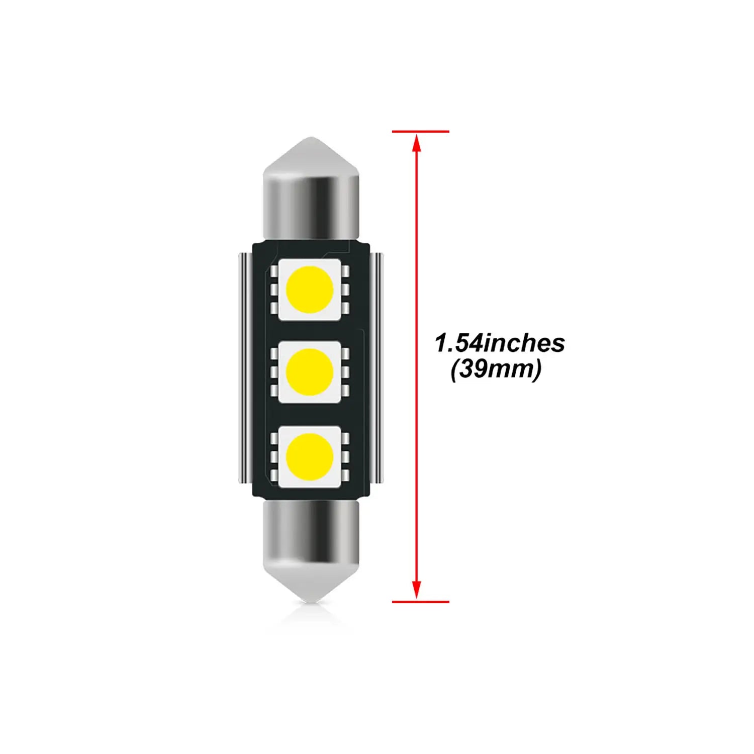 Single cylindrical LED fuse bulb with metallic ends and three yellow light chips on a balck board, labeled dimensions 1.54 inches length.