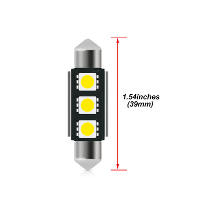 Single cylindrical LED fuse bulb with metallic ends and three yellow light chips on a balck board, labeled dimensions 1.54 inches length.