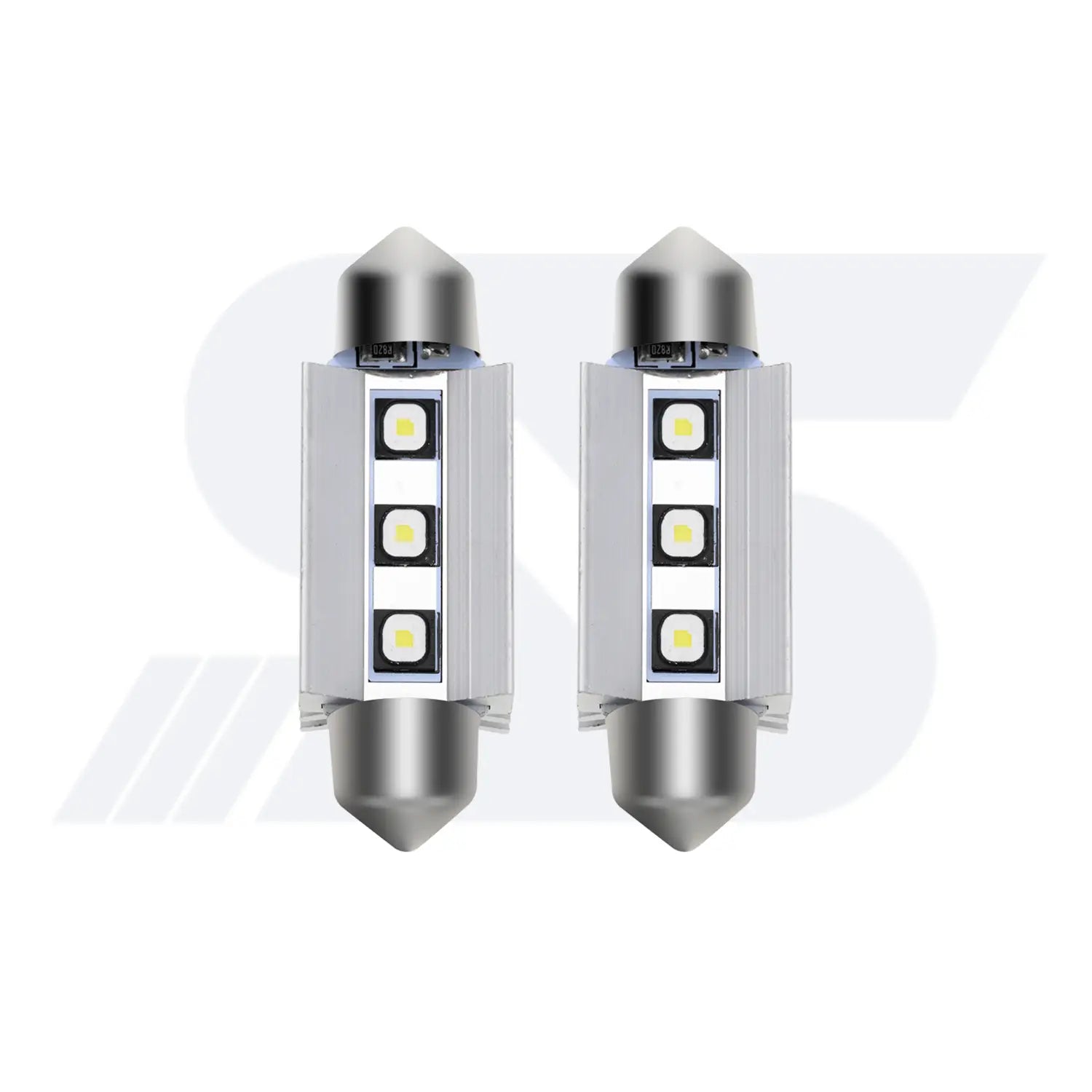 Two cylindrical festoon-style LED car bulbs with metallic pointed ends, each featuring three LED chips arranged in a square grid on a white circuit board.