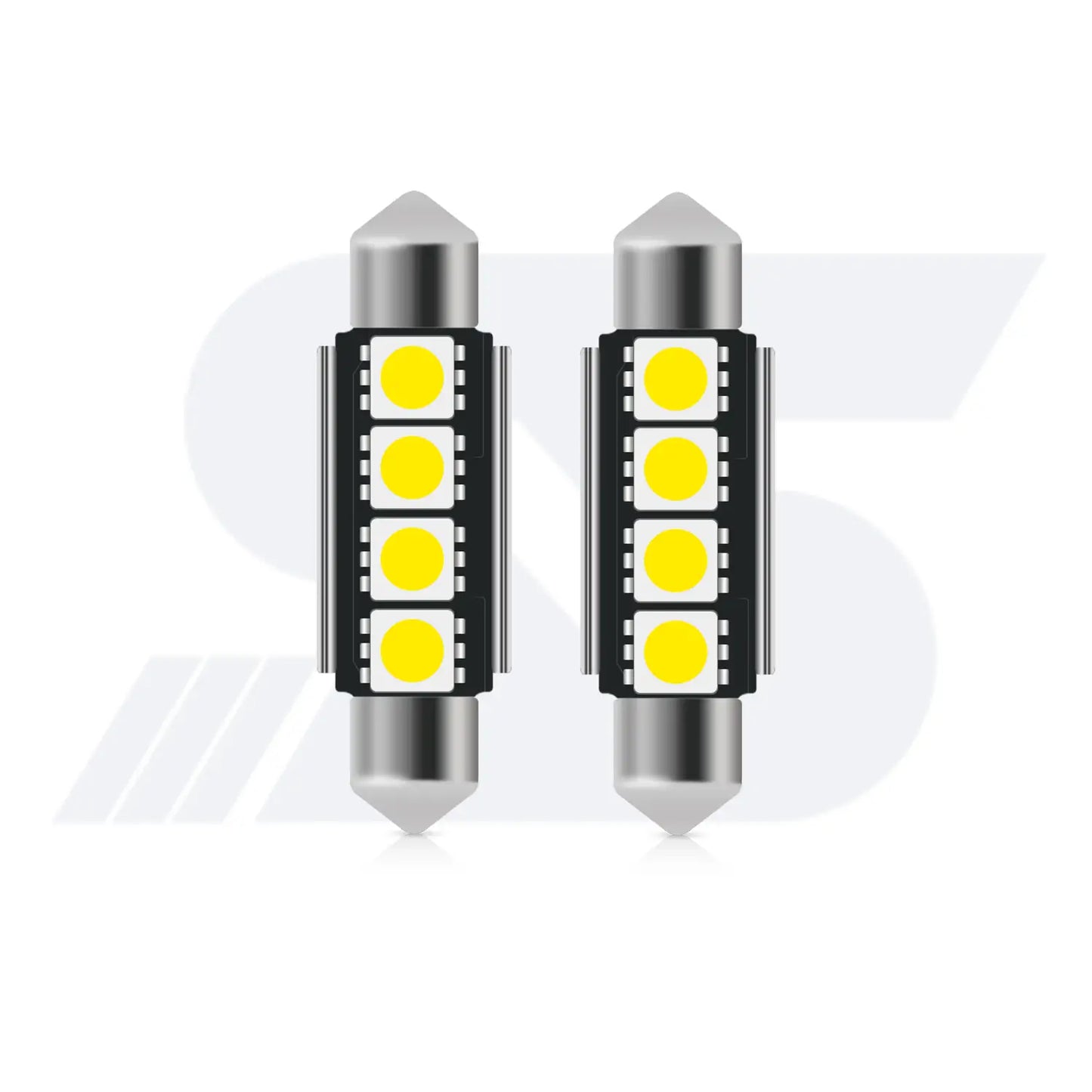 Two cylindrical festoon-style LED car bulbs with metallic pointed ends, each featuring four yellow LED chips arranged in a square grid on a black circuit board.
