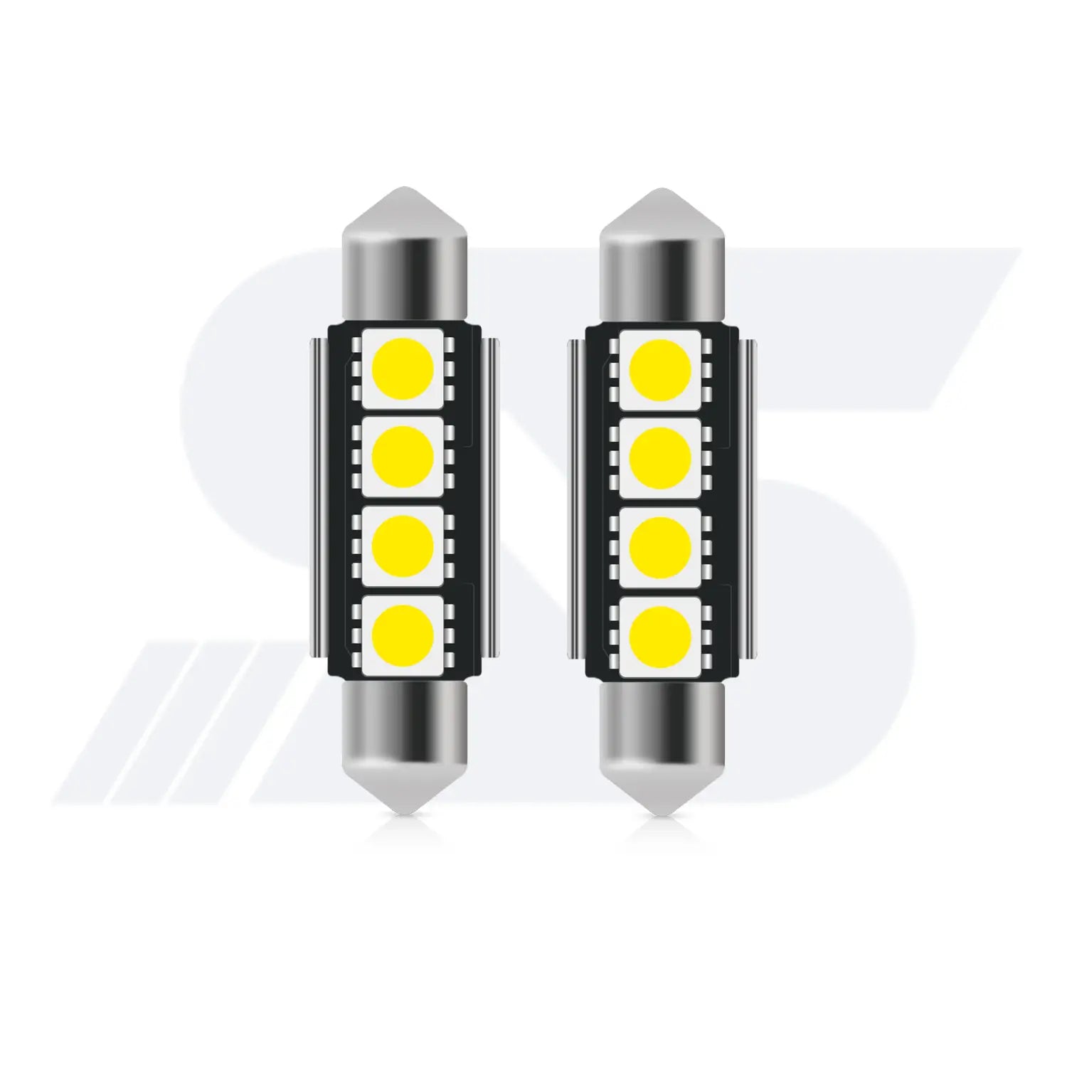 Two cylindrical festoon-style LED car bulbs with metallic pointed ends, each featuring four yellow LED chips arranged in a square grid on a black circuit board.