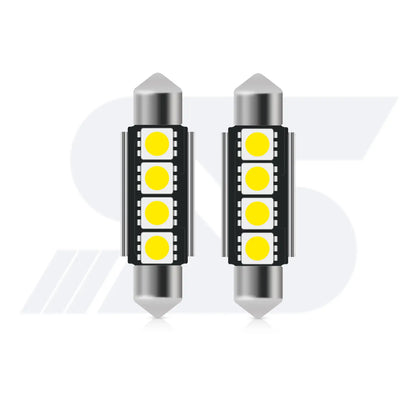 Two cylindrical festoon-style LED car bulbs with metallic pointed ends, each featuring four yellow LED chips arranged in a square grid on a black circuit board.