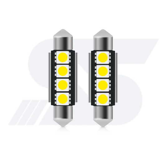 Two cylindrical festoon-style LED car bulbs with metallic pointed ends, each featuring four yellow LED chips arranged in a square grid on a black circuit board.