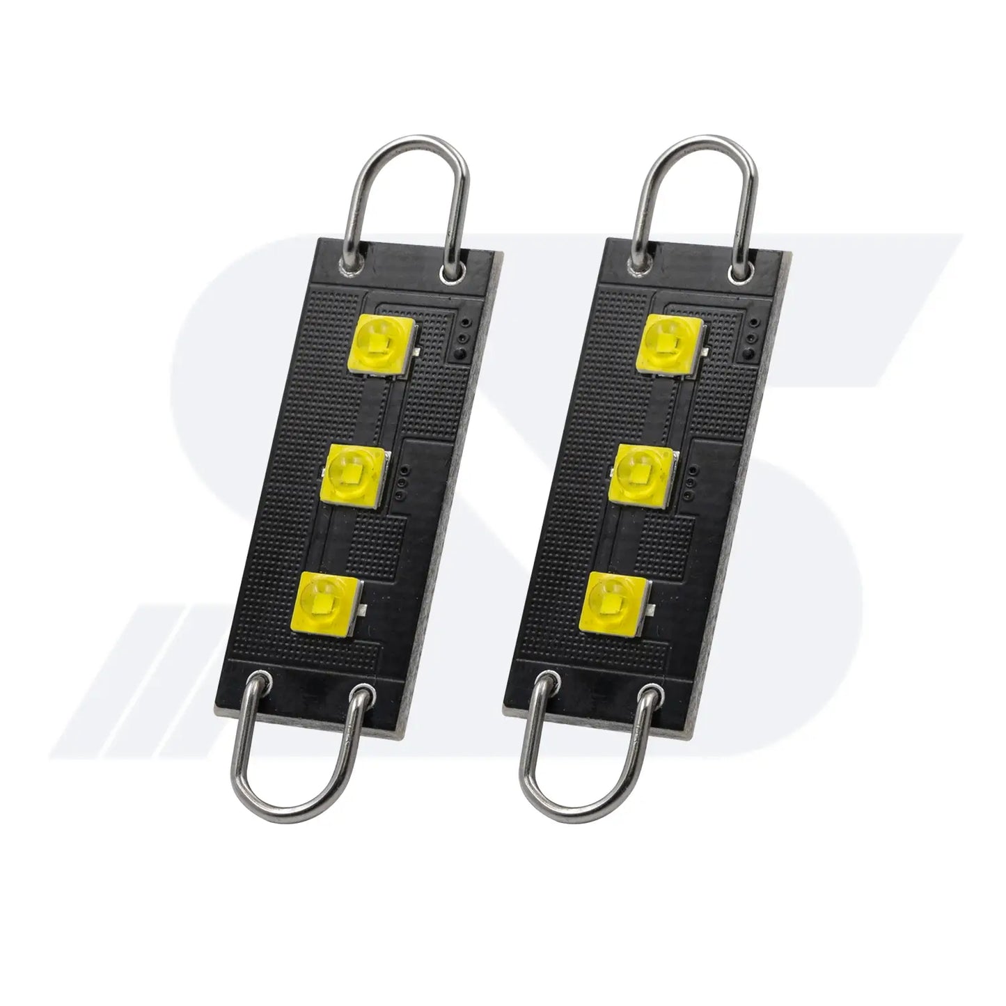Pair of compact LED light modules featuring three bright yellow LEDs each, mounted on black rectangular boards with metal loops for easy attachment or suspension.
