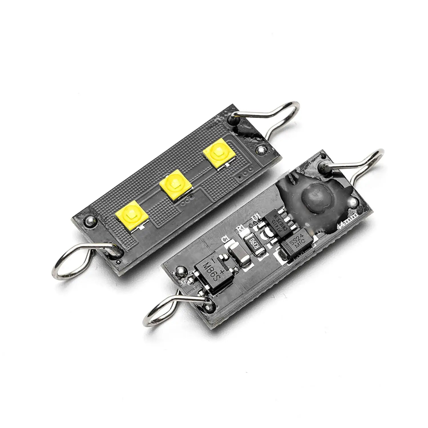 Close-up of two small LED modules with three yellow LEDs on one side and electronic components on the other, featuring metal hooks for easy installation.
