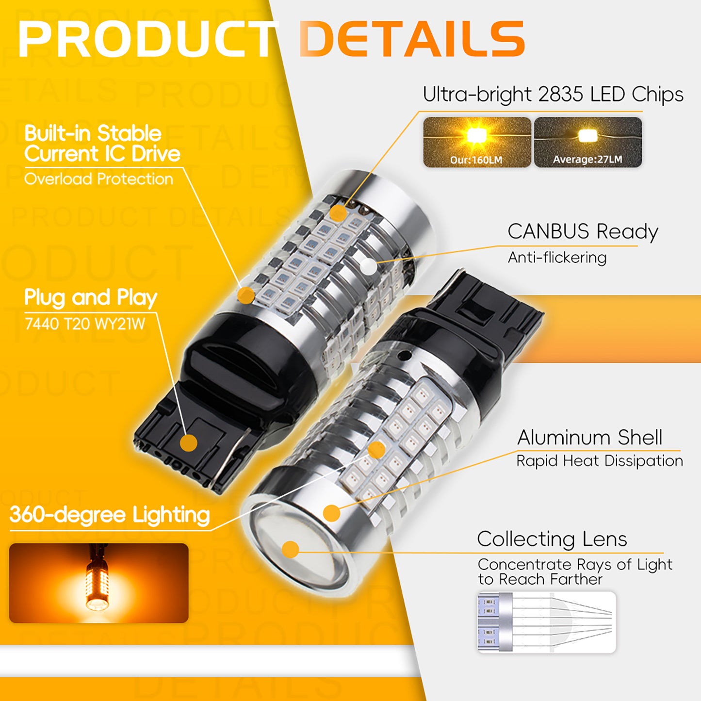 2PCS 7440 T20 WY21W Chrome Silver Invisible LED Amber Turn Signal Brake Light Bulbs