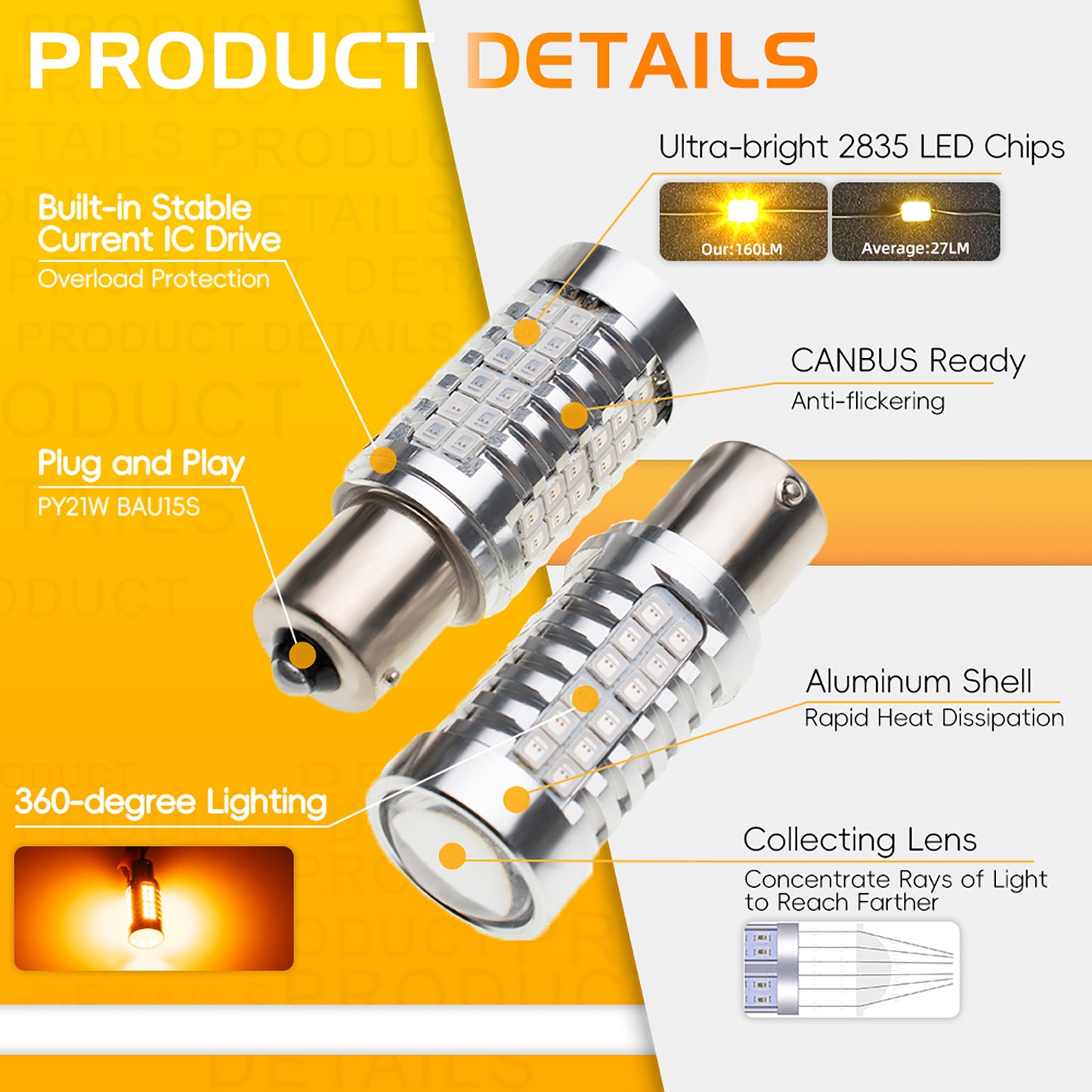 2PCS PY21W BAU15S Chrome Silver Invisible LED Amber Turn Signal Brake Light Bulbs