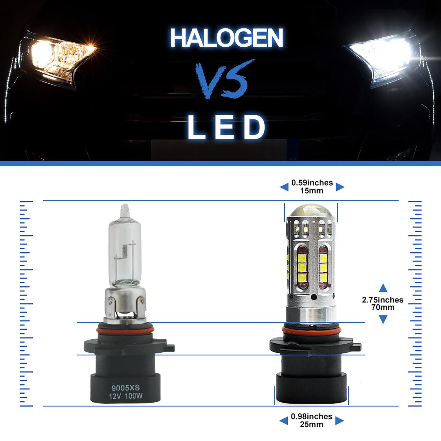 Front-LED-Tagfahrlicht-Birnen für Cadillac CTS SRX, superhell, 50 W, 6500 K, Xenonweiß, 9005XS HB3A, Fernlicht, Abblendlicht, Glühbirnen-Kit