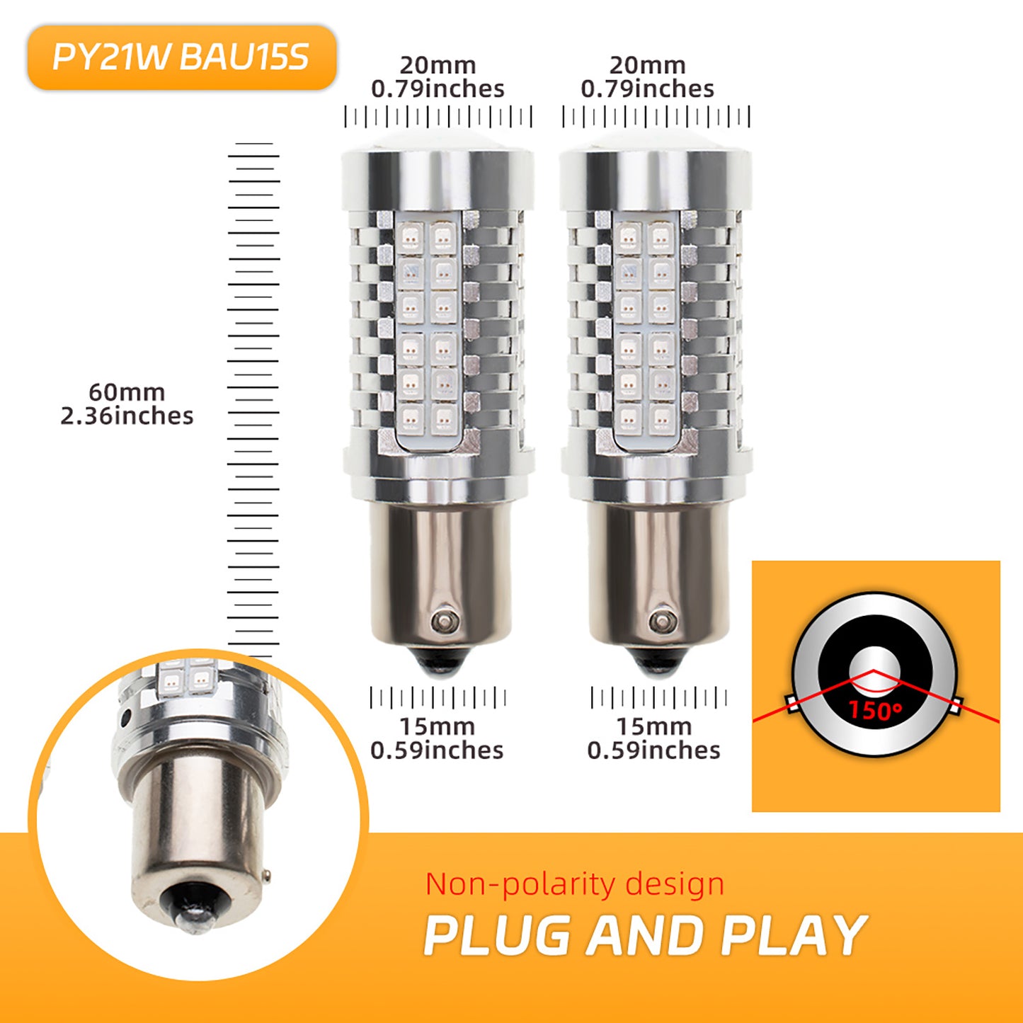2PCS PY21W BAU15S Chrome Silver Invisible LED Amber Turn Signal Brake Light Bulbs