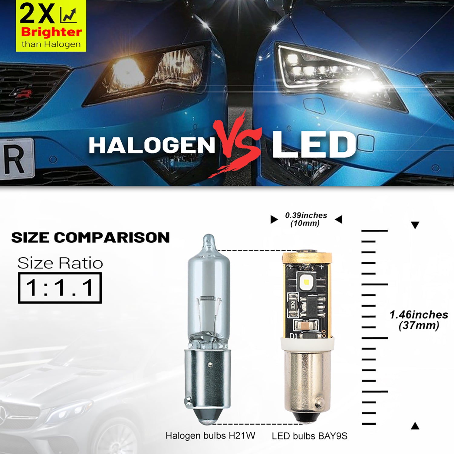 BAY9S H21W Cool White LED Bulbs for 2004-2010 VW Beetle, etc.