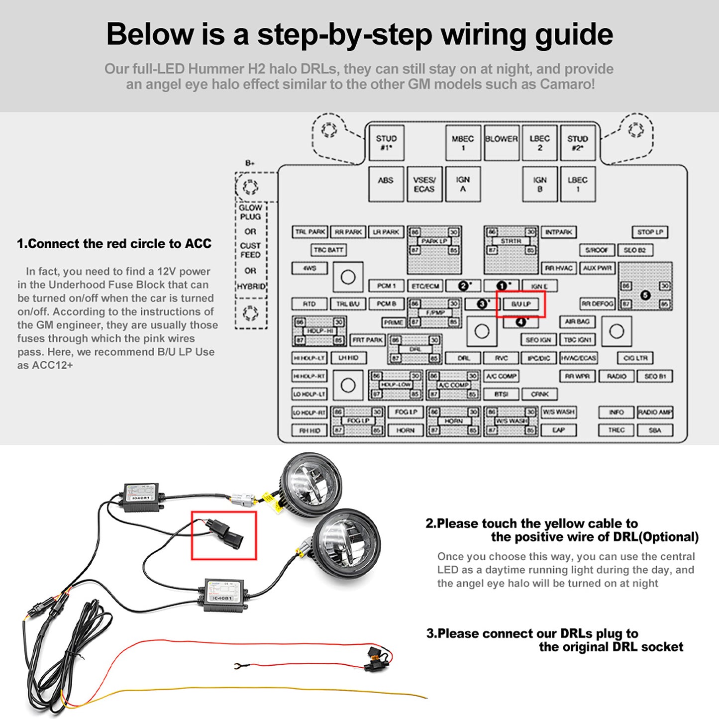 Clear Lens LED Halo Daytime Running Fog Light Assembly For 2003-2009 Hummer H2 - NS Auto Lighting