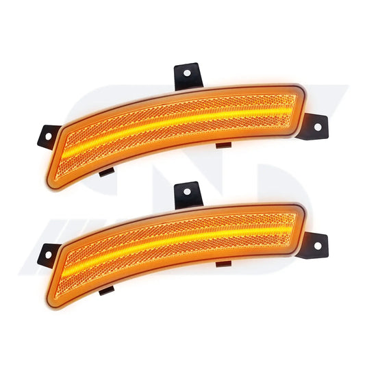 Pair of amber LED side marker lights with sleek curved design, black mounting brackets, and bright illuminated strip, suitable for automotive exterior upgrade and improved visibility.