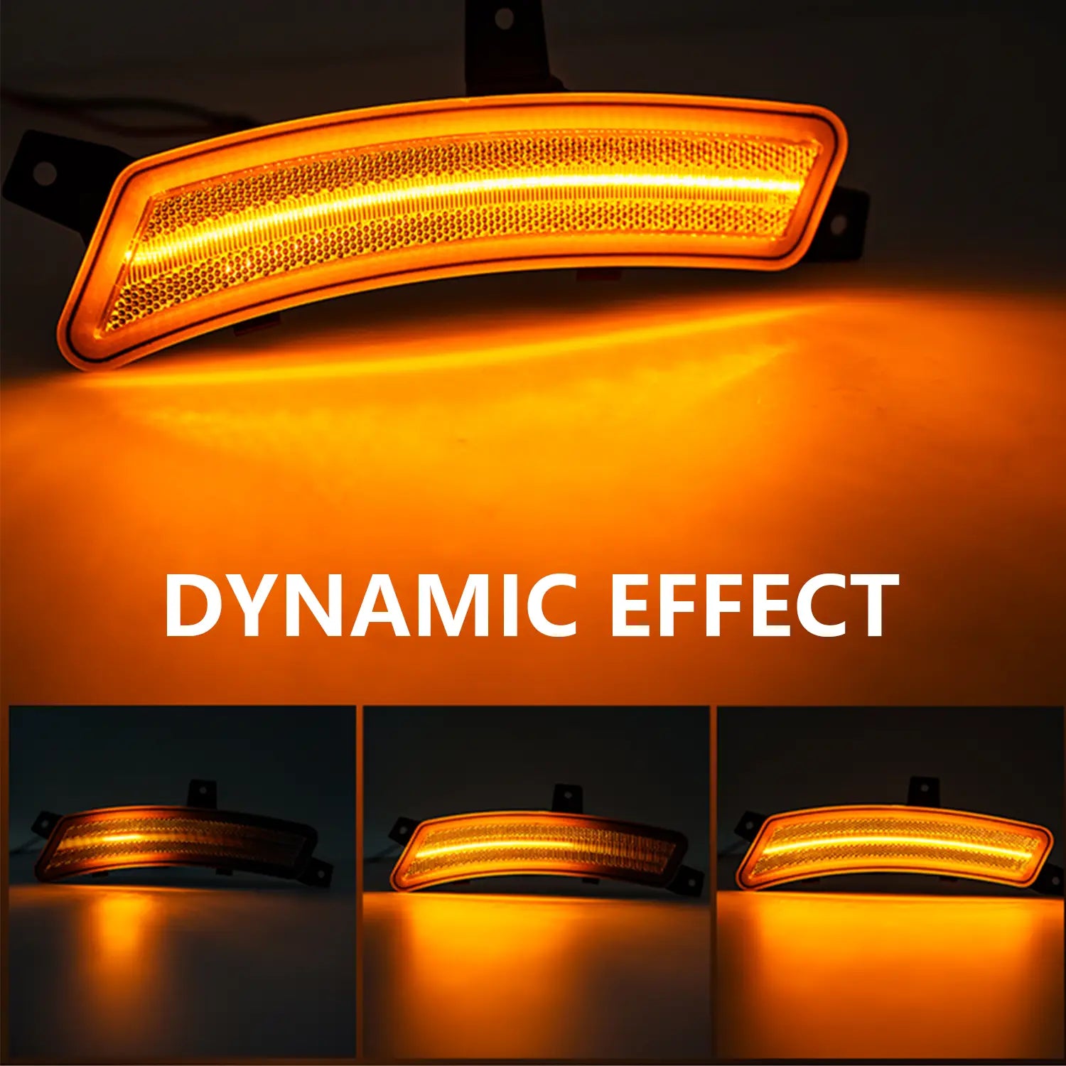 LED side marker lights showing a bright amber dynamic welcome effect. Multiple stages of illumination demonstrate sequential lighting for enhanced visibility and modern styling.