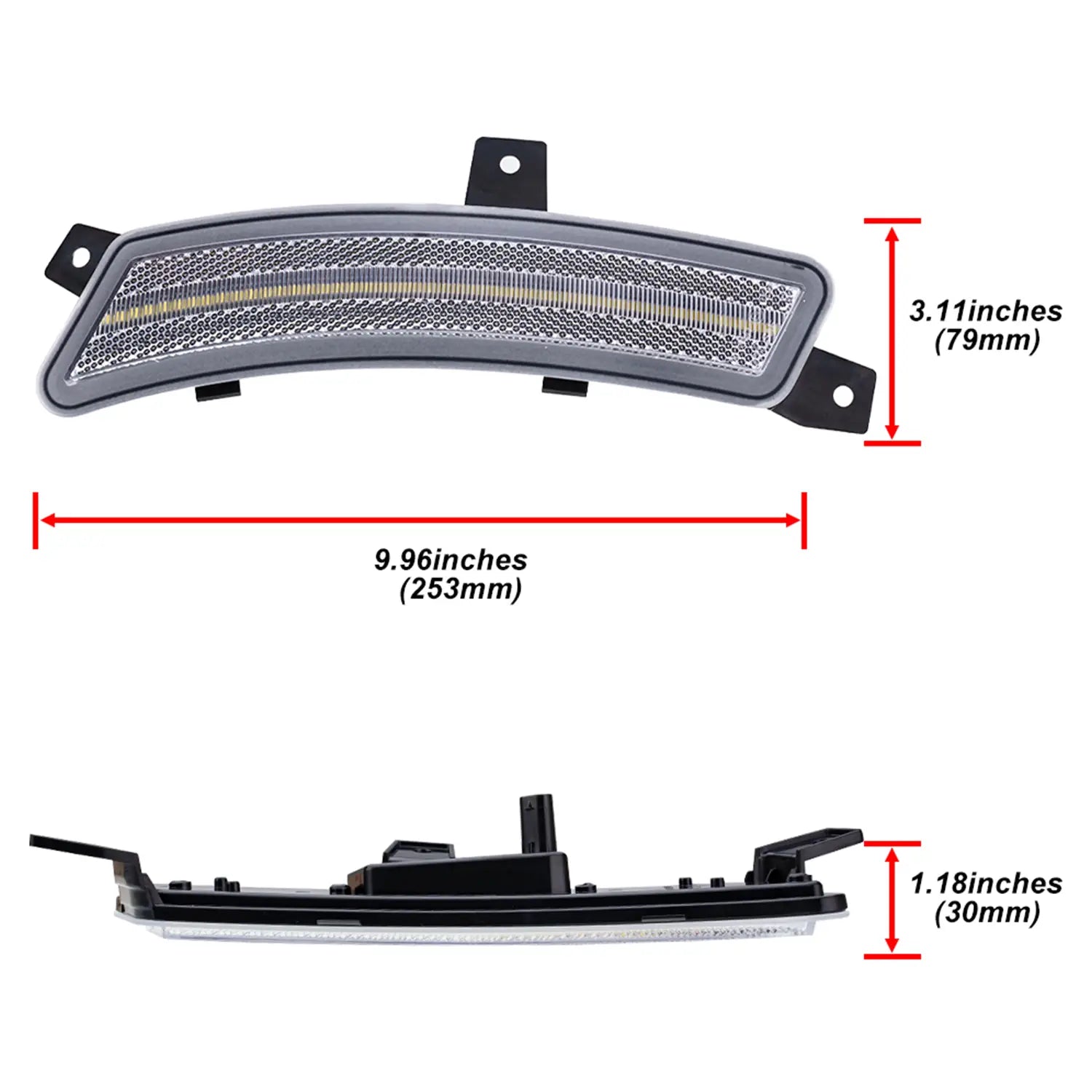 LED sidemarker with dimensions: 9.96 inches (253mm) long, 3.11 inches (79mm) tall, and 1.18 inches (30mm) thick, shown from multiple angles.
