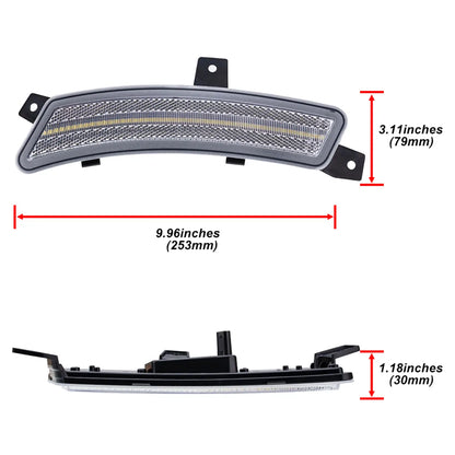 LED sidemarker with dimensions: 9.96 inches (253mm) long, 3.11 inches (79mm) tall, and 1.18 inches (30mm) thick, shown from multiple angles.