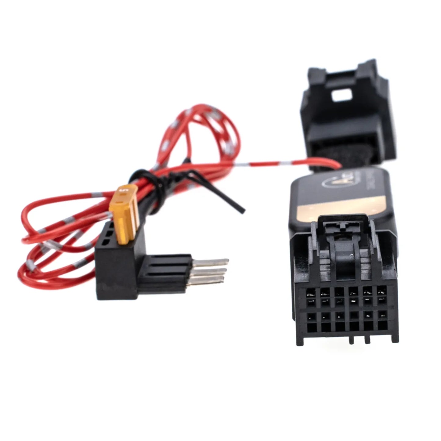 A black auto disable bypass module with connectors, featurs a red wire and a yellow fuse tap and shows its interior with a 12-pin female connector . 