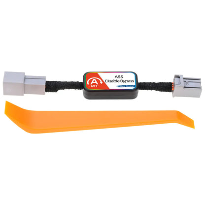 A black cable with two connectors, labeled "ASS Disable Bypass" with an "A OFF" symbol and "Best Choice!" text. An orange removal tool is included in the package.