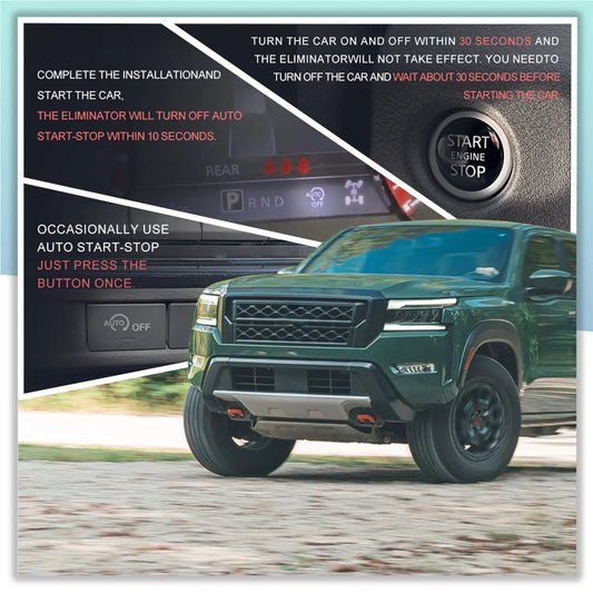 Green truck on a road with instructional text on disabling auto start-stop feature. Shows gear shifter and start engine stop button.