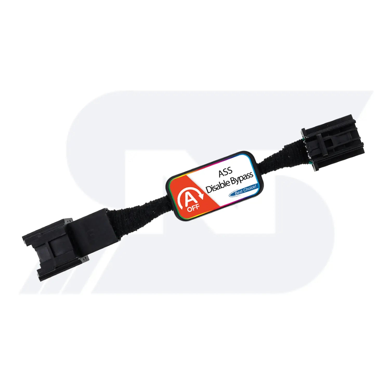 Black wiring harness labeled "ASS Disable Bypass" with two connectors for disabling vehicle auto start-stop system.