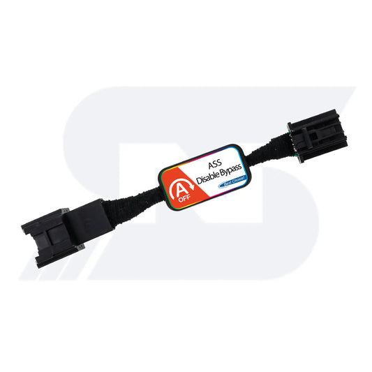 Black wiring harness labeled "ASS Disable Bypass" with two connectors for disabling vehicle auto start-stop system.