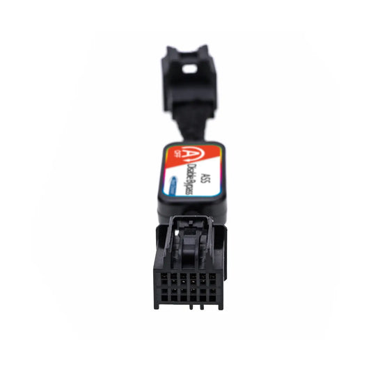 Black wiring harness labeled "ASS Disable Bypass" with two connectors for disabling vehicle auto start-stop system. One end is a 12-pin female connector.