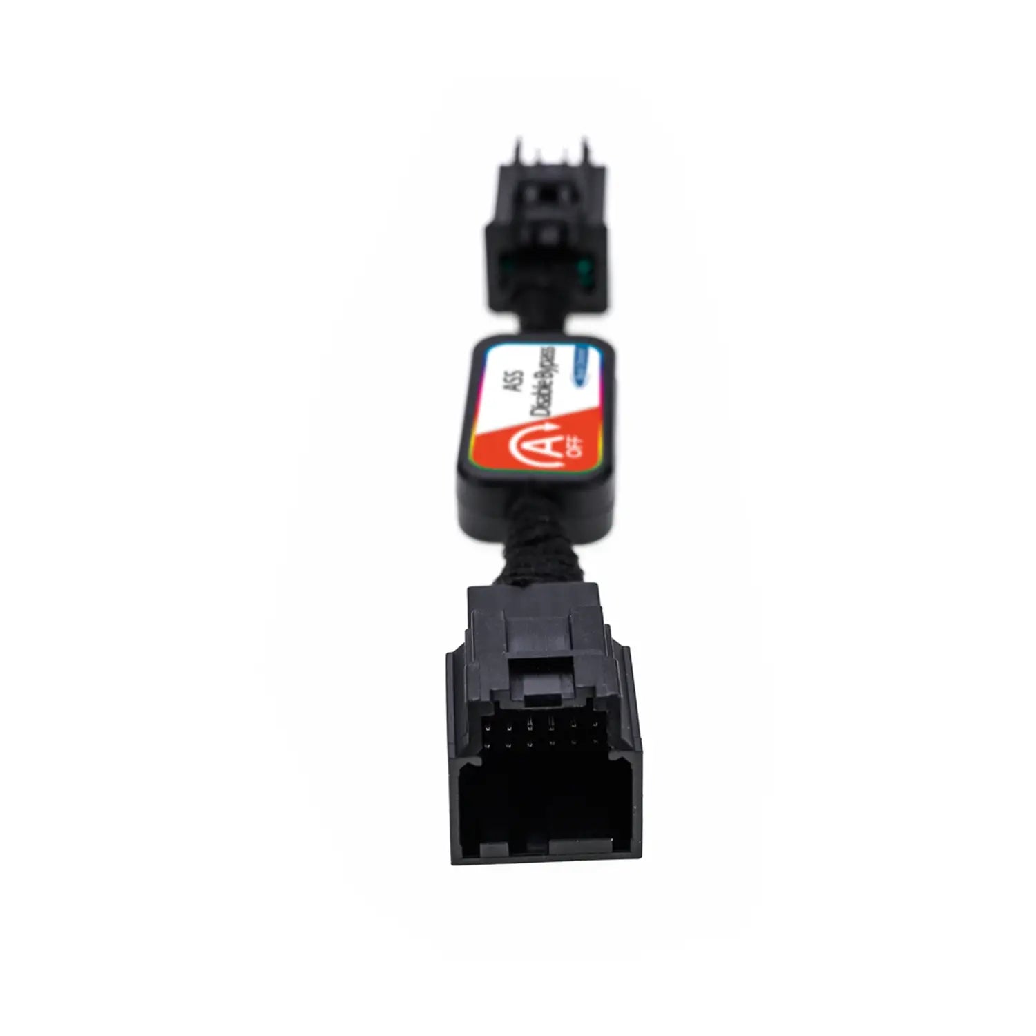 Black wiring harness labeled "ASS Disable Bypass" with two connectors for disabling vehicle auto start-stop system. One end is a 12-pin male connector.