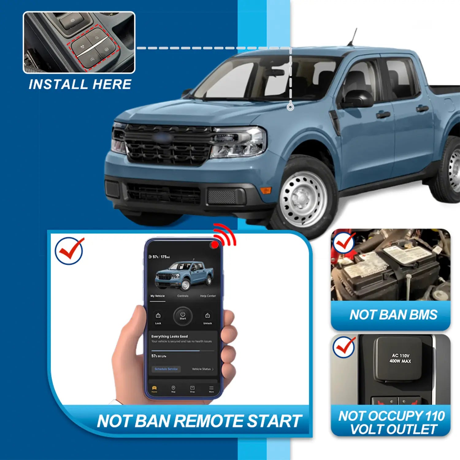 Blue truck with installation location of a device on the dashboard, remote start via app, and features like BMS compatibility and 110V outlet preservation.