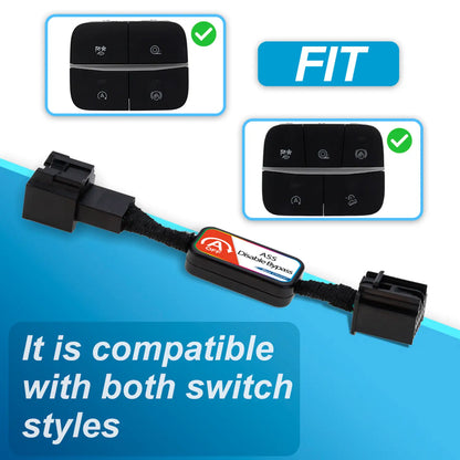 Black automotive wiring harness labeled "ASS Disable Bypass" with dual connectors, compatible with both switch styles for vehicle start-stop systems.