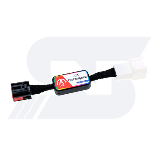 A black auto start stop disable module with a black connector and a white connector, labeled "ASS Disable Bypass" and "A OFF".