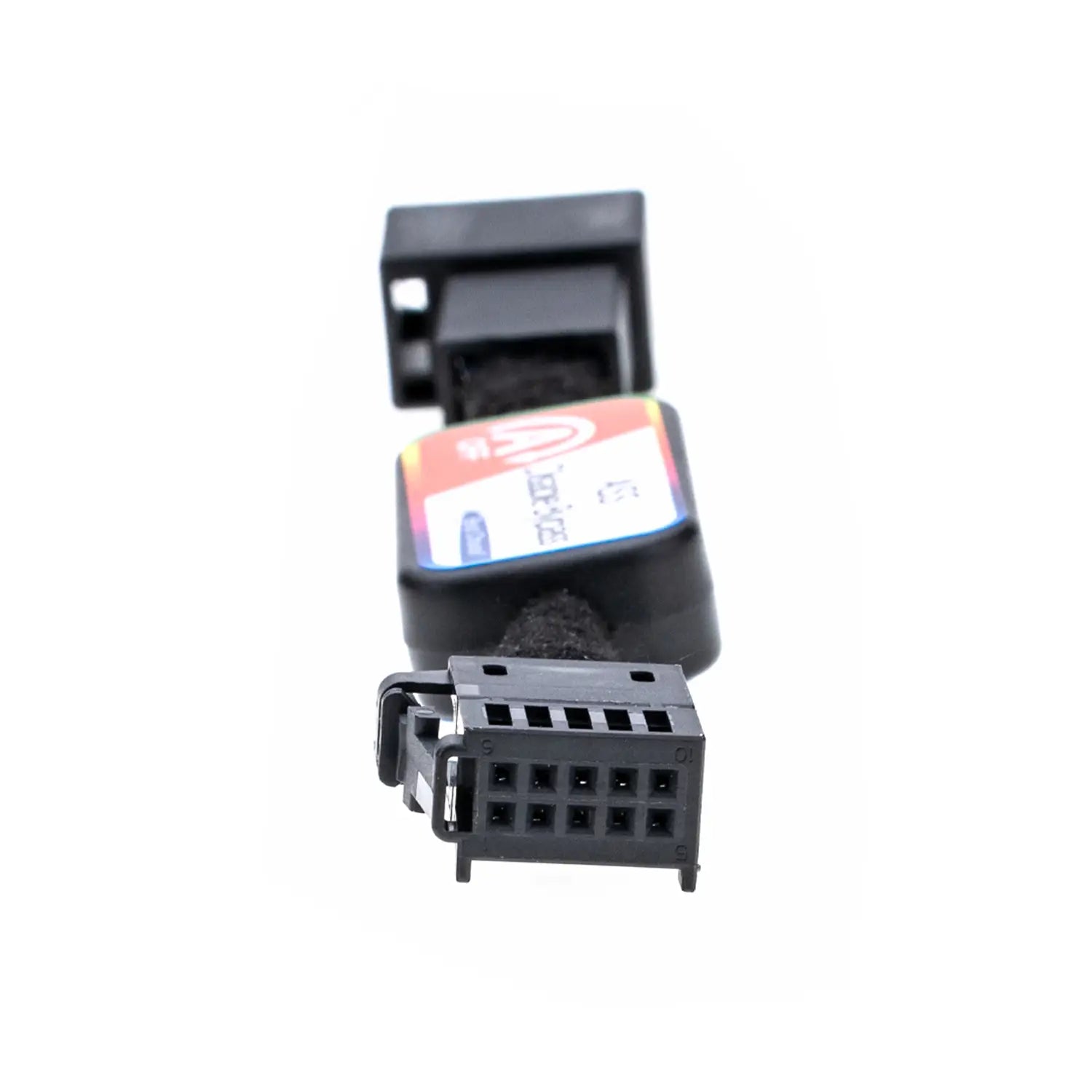 An ASS Disable Bypass cable with colorful labeled tag attached, featuring two distinct connectors at each end. One end of the disabler is a 10-pin female connector.