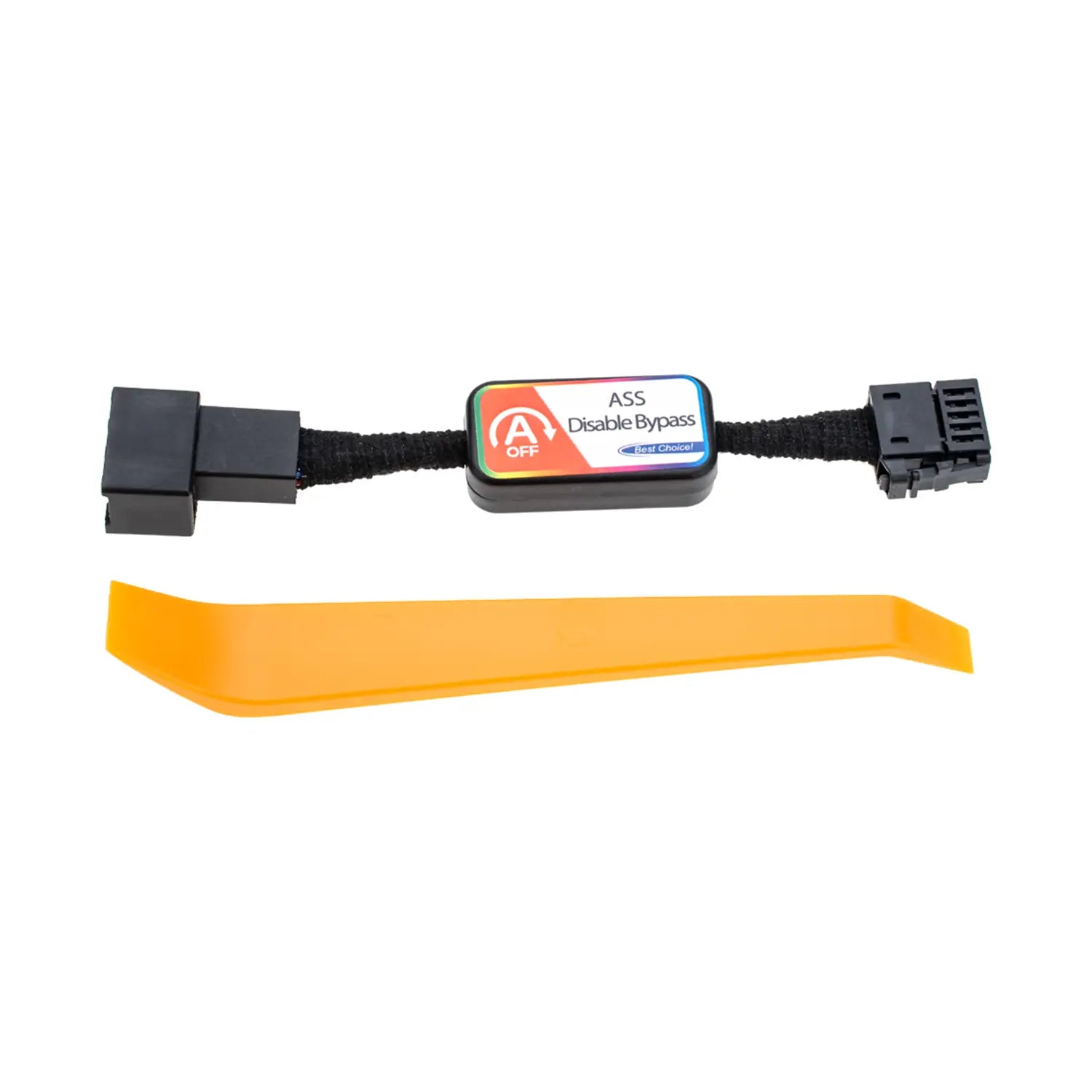 An ASS Disable Bypass cable with colorful labeled tag attached, featuring two distinct connectors at each end. An orange plastic removal tool is included in the package.
