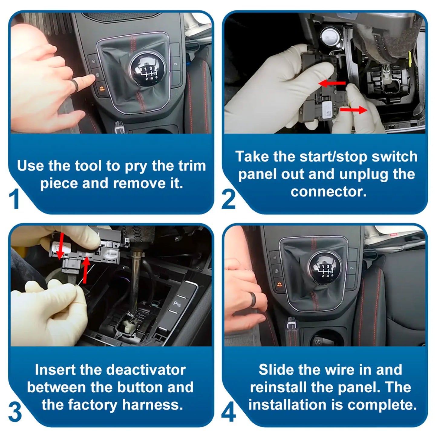 Four-step car part installation guide: Remove trim piece, unplug connector, insert deactivator between button and harness, then reinstall panel.