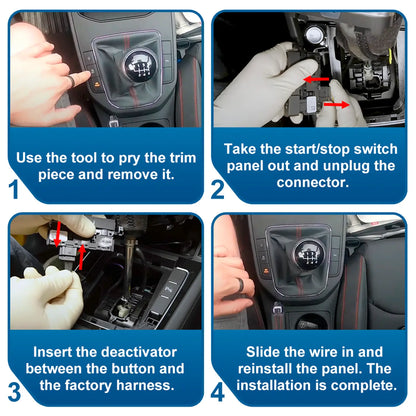 Four-step car part installation guide: Remove trim piece, unplug connector, insert deactivator between button and harness, then reinstall panel.