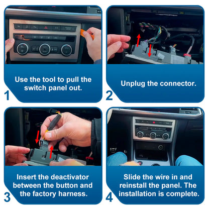 Four-step car part installation guide: Remove trim piece, unplug connector, insert deactivator between button and harness, then reinstall panel.