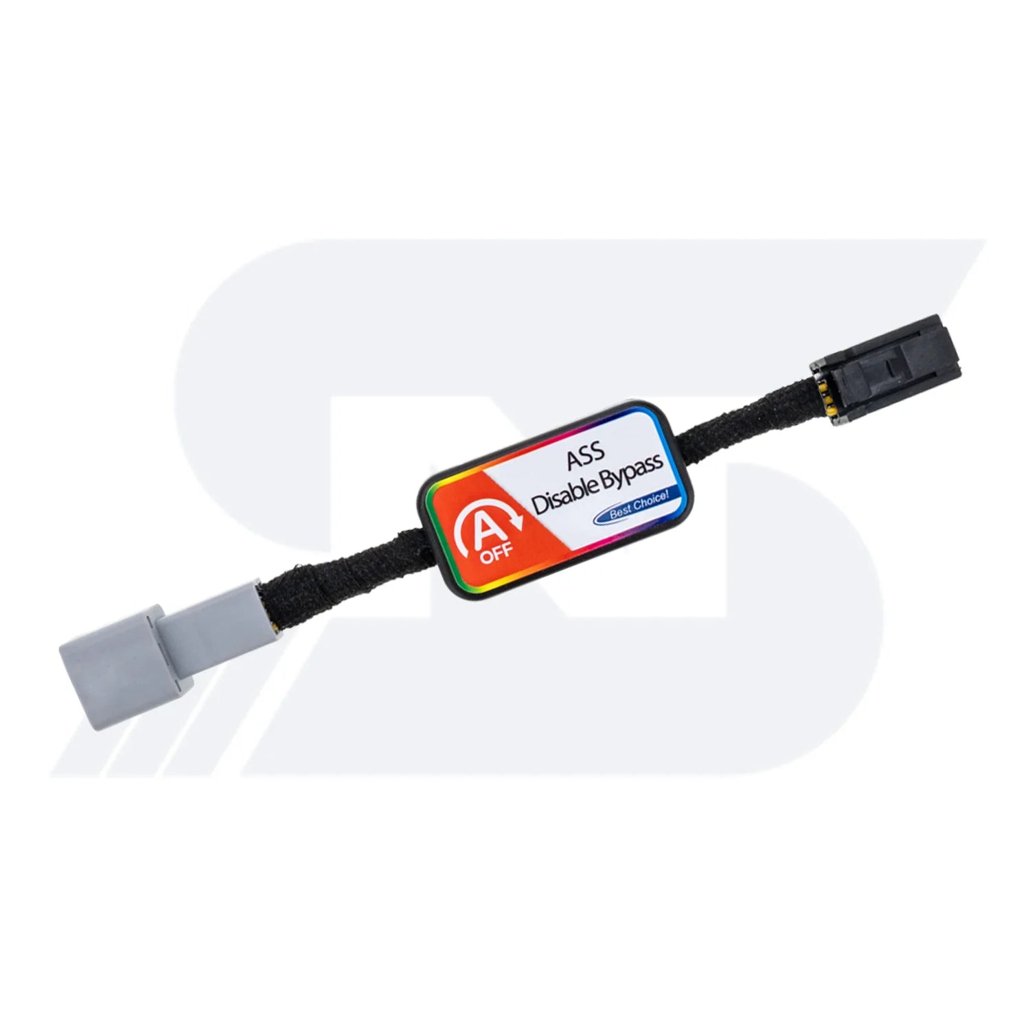 A rectangular ASS Disable Bypass module with colorful labeling, featuring two connectors (gray and black) and a toggle switch marked "OFF" for disabling vehicle systems.