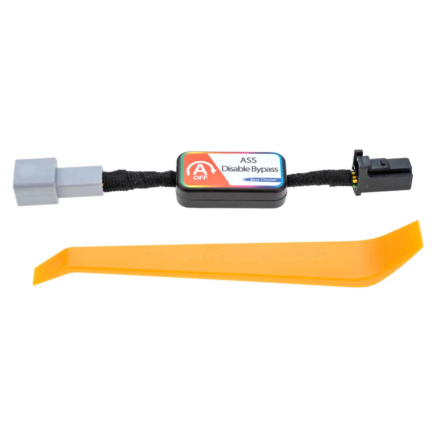 A rectangular ASS Disable Bypass module with colorful labeling, featuring two connectors (gray and black) and a toggle switch marked "OFF" for disabling vehicle systems. An orange removal tool is included in the package.