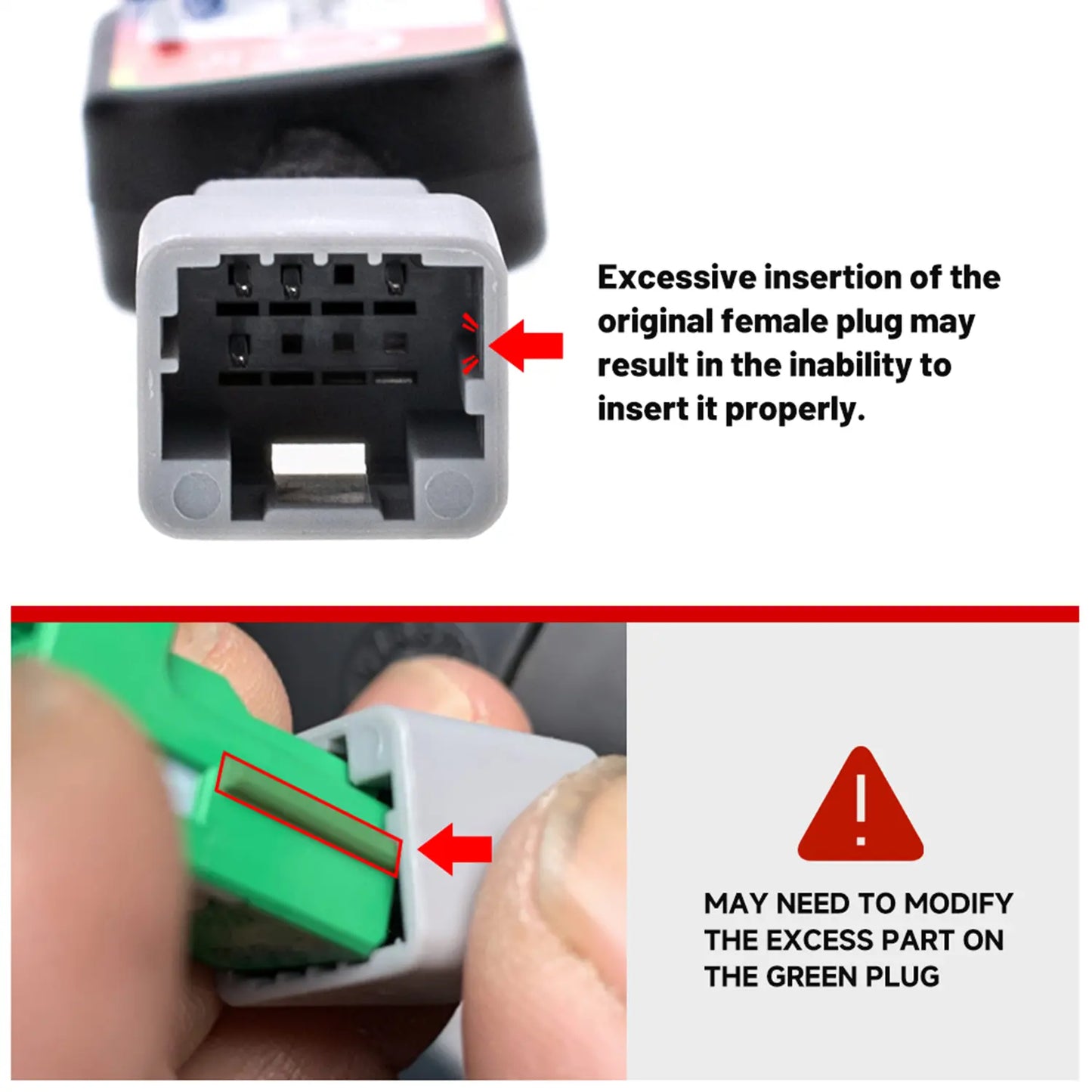 Warning: Avoid excessive insertion of gray plug; trim excess part on green plug if needed for proper installation.
