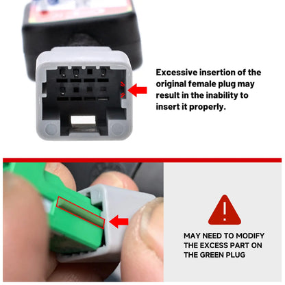 Warning: Avoid excessive insertion of gray plug; trim excess part on green plug if needed for proper installation.