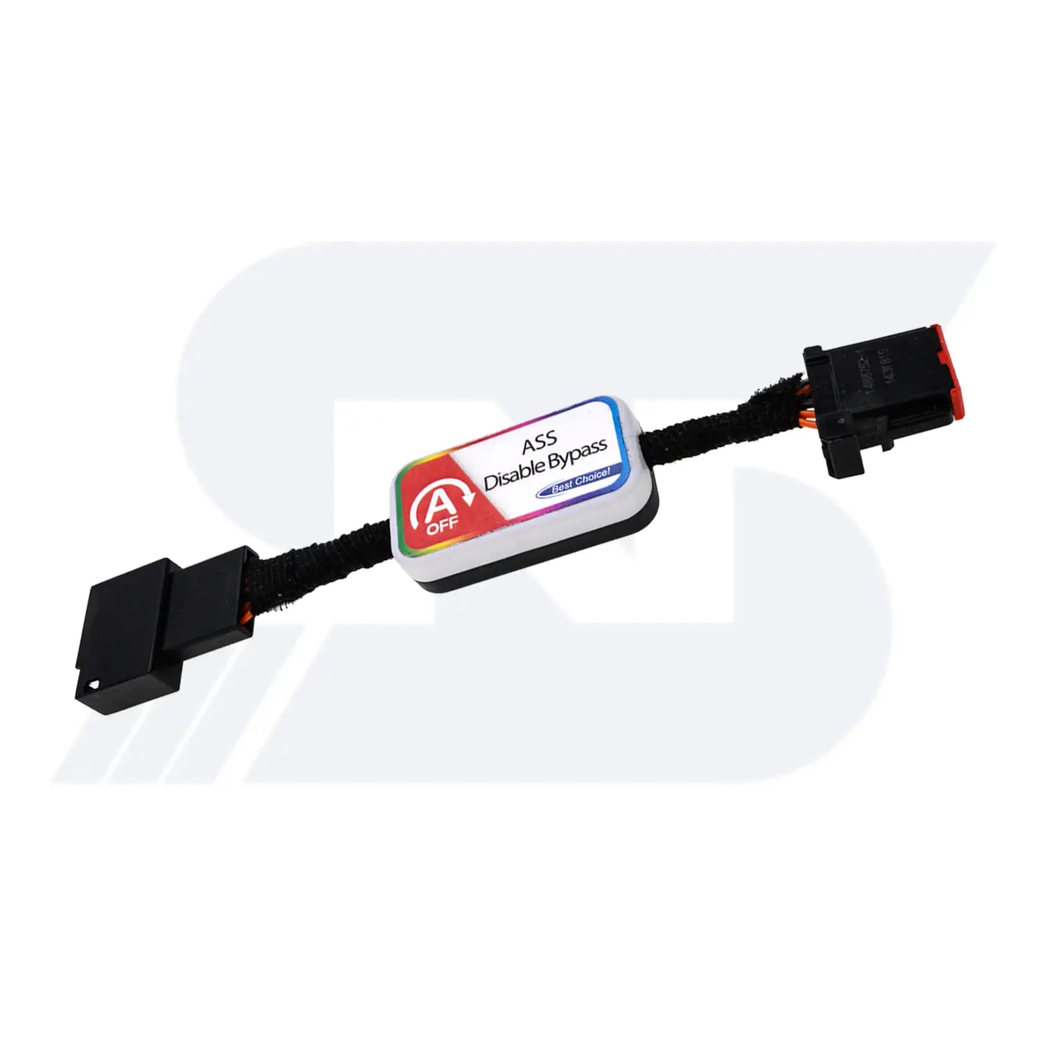 Automotive ASS Disable Bypass module with A/OFF toggle switch, connected via black cables with male and female connectors.